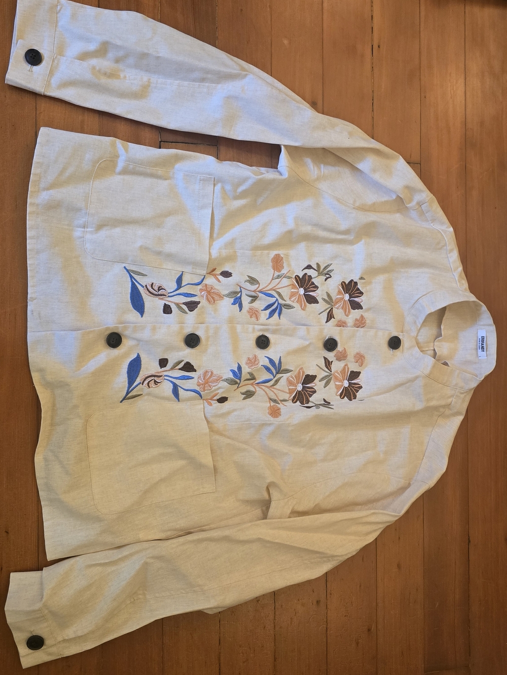 Embroidered Linen-Blend Button Shirt Jacket in Cream with Multicolor Floral